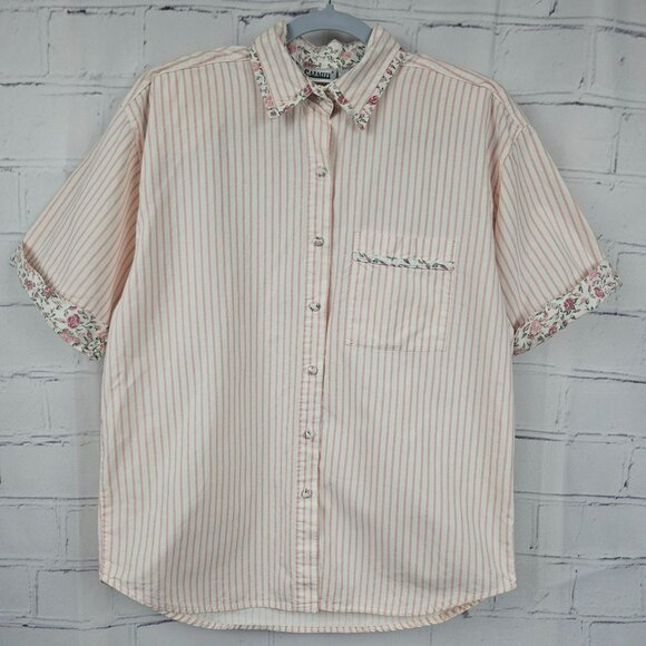 VINTAGE STRIPED FLORAL BLOUSE SHIRT TOP Womens M Cotton Shoulder Pads Pastel - Picture 1 of 14